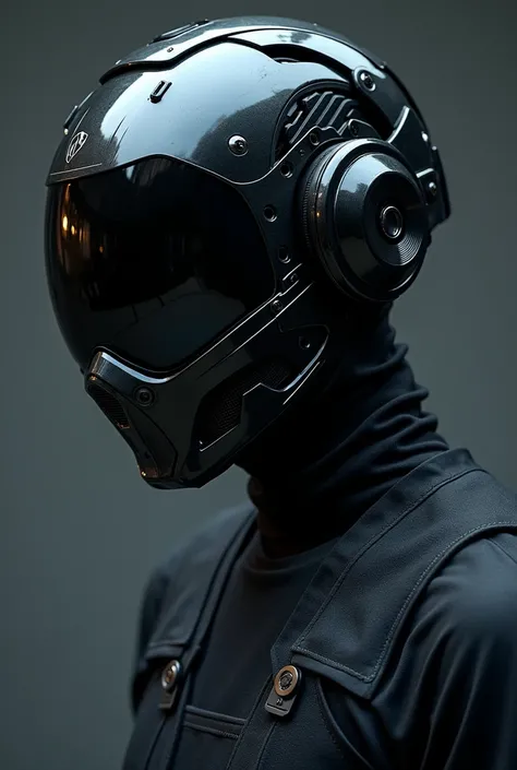 a close up of a person wearing a helmet and a shirt, a hologram inspired by Volkan Baga, dribble contest winner, vanitas, wearing netrunner clothing, mechanic punk outfit, upper body avatar, pitchblack skin, ninja outfit, wearing all black mempo mask, dark...