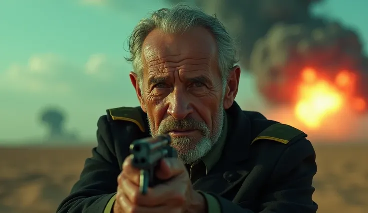 (((cinematic film still of old man soldier with light Brown eyes in a black outfit, dramatic lighting, surrounded by an aura of power green blue and red background refilling his gun with red wyes))), (((((distant nuclear explosion))))), (((World War))), (e...