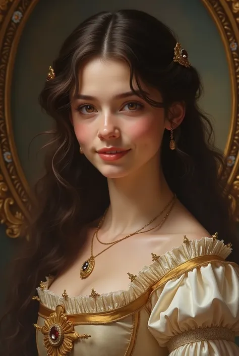 an 18 year old princess in the kingdom with curly dark brown hair and crimson eyes, the princess smiled at the camera. (3D, old painting art)