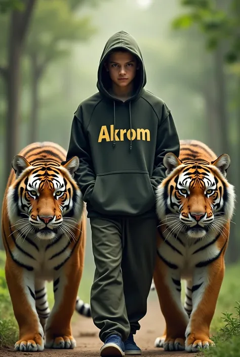 Young man wearing hodie inscribed with Akrom walking side by side with two tigers
Walking surrounded by two tigers..Looking straight ahead 
