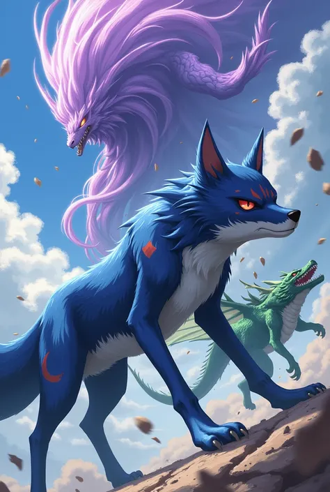  A giant blue fox with red eyes and white and red features, A green dragon,  and a giant made of purple wind with several purple winds surrounding it , Do the 3 fighting in the sky in the anime style 