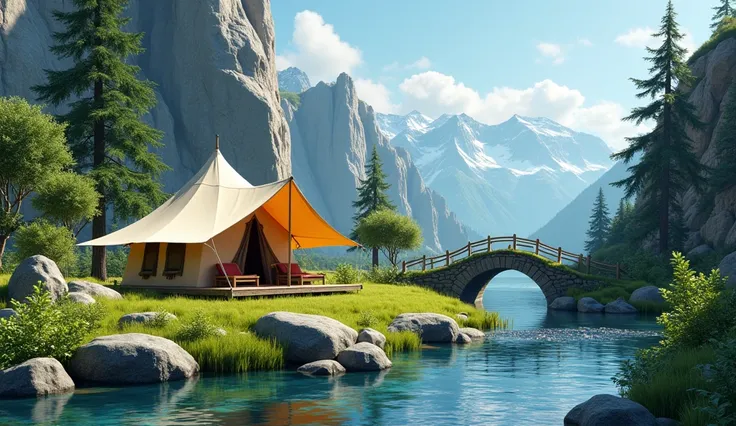 Safari tent, alpine trees and rocks and sand and blue transparent water river and mountain and small stone bridge and green grass
