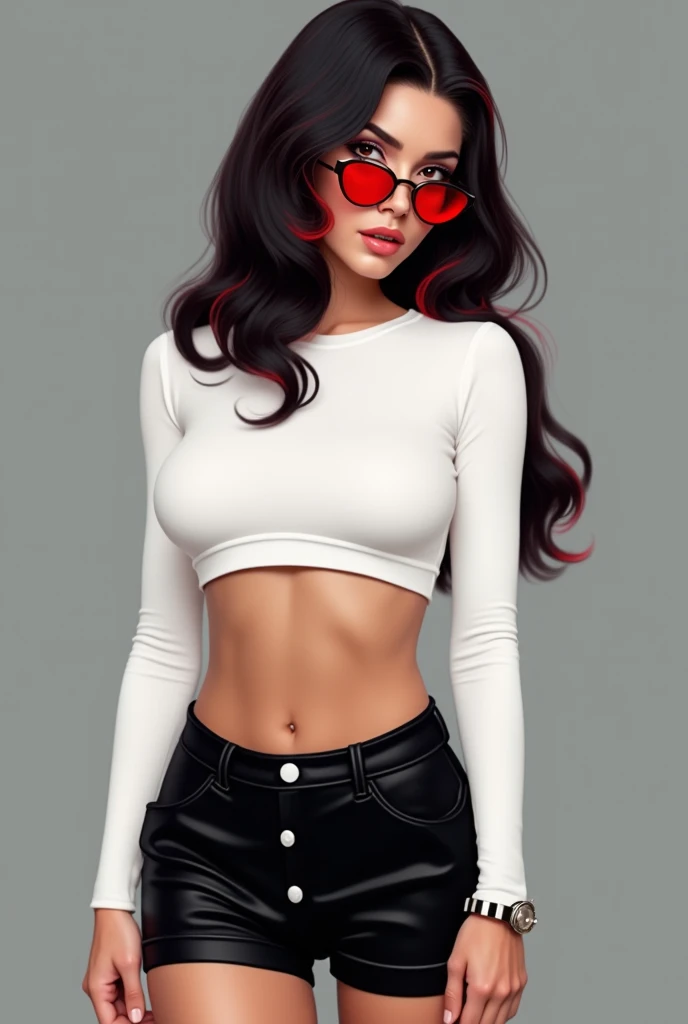 Femme, crop top a manches longues blanc, culotte noir, pau matte, cheveux noirs meches rouges, lunettes teintées rouges