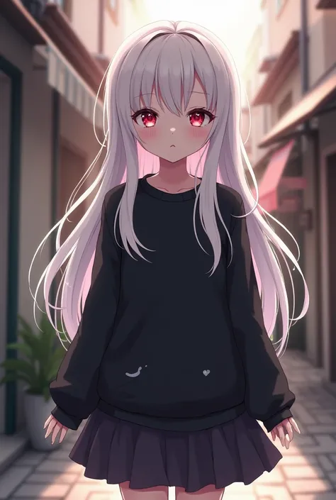 Fille anime cheveux blanc et yeux rouge qui rentre chez elle et elle porte un sweate et un short noir cour