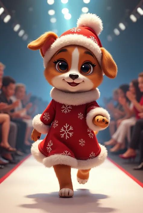 A cute anthropomorphic female dog dressed in a red and white Christmas fashion outfit and hat, confidently make a scene in a fashion show competition.   Runway, smiling,