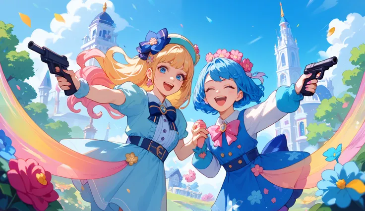 Two cheerful girls in a colorful whimsical world holding playful toy guns laughing together lively fun environment vibrant colors fantastical elements playful atmosphere imaginative landscapes floating islands bright blue skies quirky oversized flowers whi...