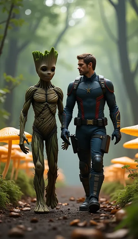 Groot and  Winter Soldier walking side by side toward the camera. forest clearing with soft bioluminescent mushrooms lighting their path."