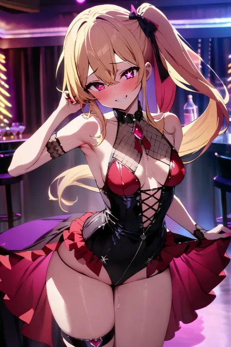 NSFW,masterpiece, top quality , high res, very detailed,Hoshino Ruby(My Favorite ),Star-shaped pupils, long hair, side ponytail,Blonde, Sexy Outfit , party venue,Bad Smile