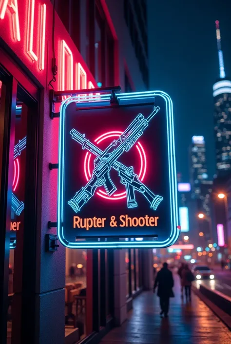 Create a logo for my bar “Rupteur  &  Shooter” framed by neon lights and with a background of a big night city with weapons in the logo