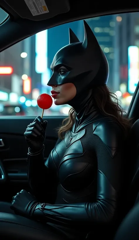  woman Batman inside a car at night. in a city. In the hitchhiker . sucking on a red lollipop