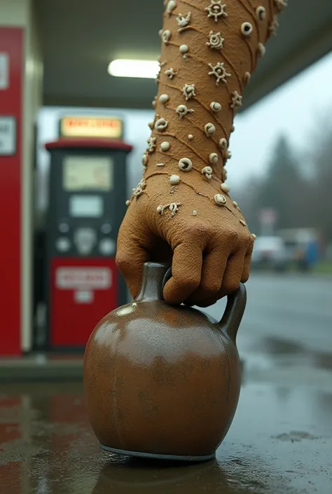 a gingerbread cookie hand holding a large container of gasoline or car oil against the bottom of a gas station