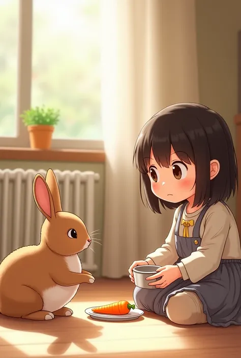 
लड़की ने उसे गाजर और पानी दिया।

English Image Prompt:
The rabbit sits on the floor, nibbling on a bright orange carrot placed on a small plate. The girl sits nearby, watching with a soft smile, holding a small water bowl in her hand. The room looks cozy,...