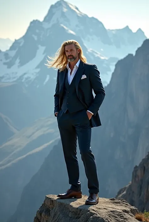 Man with blond long hair in a tailored suit on the top of a mountain