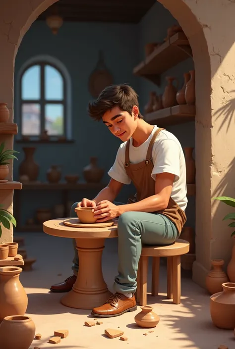 An ordinary young man without a mustache, not an ugly, brown-out skin, is sitting in pottery at a pottery shop, and next to him there is a broken pottery.