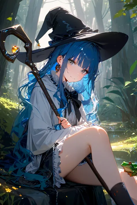 1girl, hat, witch_hat, long_hair, solo, staff, sitting, holding_staff, skirt, socks, looking_at_viewer, bangs, black_socks, black_headwear, forest, long_sleeves, nature, outdoors, grey_eyes, jewelry, earrings, holding, frills, smile, flower, witch, tree, b...