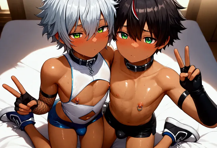 2boys, shine dark skin, shota, symmetrical pose, peace sign, sweat, sci-fi, white sleeveless body suits, short pants, bulge, fingerless glove, fishnet arm covers, shoes, collar, navel cutout, nipples cutout, nipple rings, green eyes, backstreet, sunshine, ...