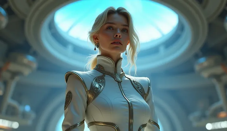 A futuristic female character standing confidently in a grand, sci-fi domed structure with a glowing blue skylight, wearing an elegant white outfit with intricate metallic details and accessories, blonde hair, glowing ambient lighting, celestial atmosphere...