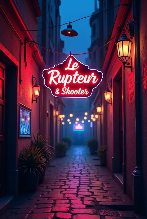 Fait moi un logo de mon bar le Rupteur & Shooter avec néons et décors de ruelle assez sombre en fond 