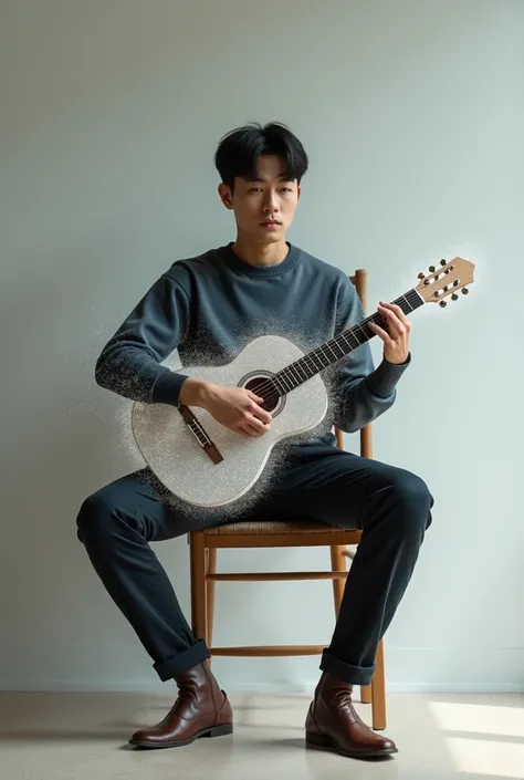 Figure of a Korean man, 30, tall 170, heavy 70, sitting on a chair with his hands holding an airy guitar.