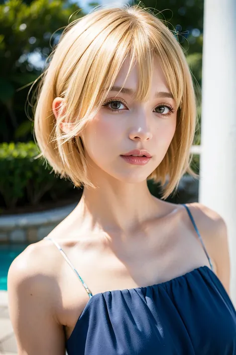 short bob hair, airy hair, side bangs, blonde hair, face up, resort