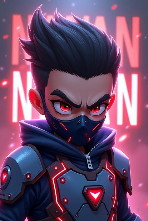 Create a realistic profile icon the cute angry boy fighter with LED unique armor and mask its look like moba games and he fade haircut he have aura at the background is LED font "NOWAN" with wall