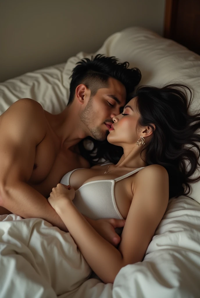 Handsome pix-haired guy posing lying down while hugging a beautiful Asian woman with long hair while kissing the big guy on the bed 