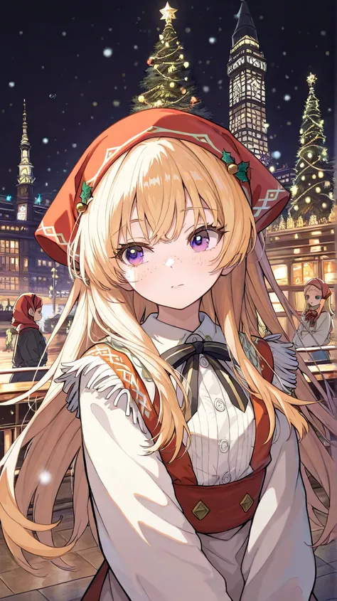 (best quality,highres:1.2),ultra-detailed, a young Polish girl with bright blonde hair and a fringe, long hair, and freckles, headscarf, red and white clothes and with a black bowtie, xpressive eyes with long eyelashes,adds a touch of elegance. She stands ...