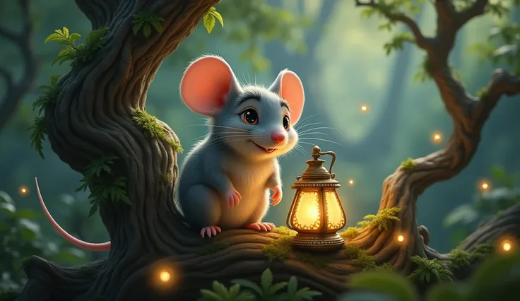 A mischievous yet adorable mouse with a playful expression, sitting on a tree root with his glowing lantern, surrounded by a magical forest."

