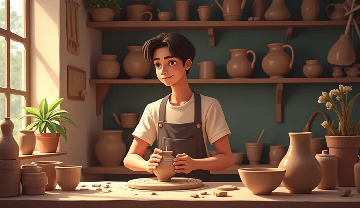 An ordinary young man without a mustache, not an ugly, brown-out skin, is sitting in pottery at a pottery shop, and next to him there is a broken pottery.