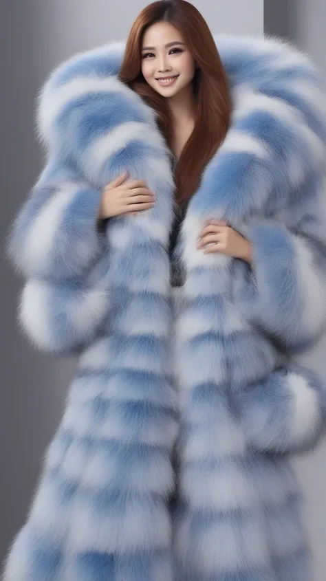 f4rc0at, fur coat,
realistic photo, voluminous fur, 1girl, cute woman, indonesian woman, white skin, brown hair, huge fur, striped fur, blue and white fur, tall, long legs, long hair, straight hair, very tall, smile, cute smile, belt, fur trim, toned and f...