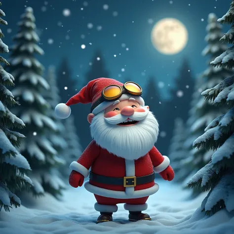 Santa Claus wearing a small ski goggle in the snow in a forest at night