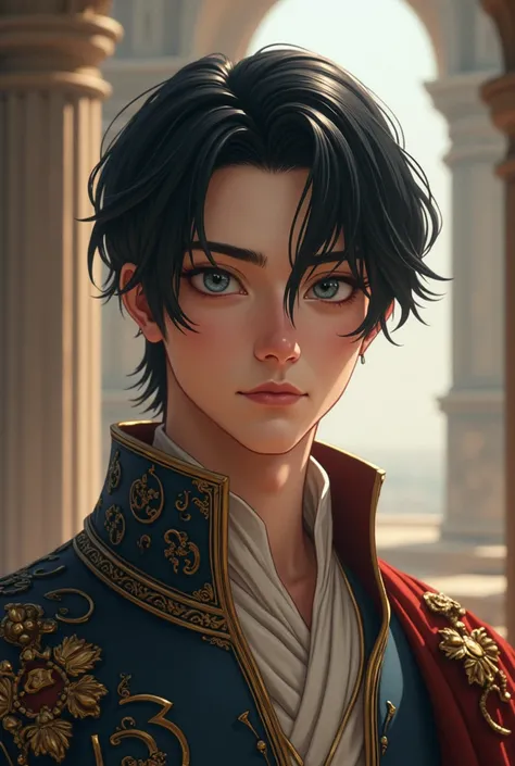 a 20 year old handsome prince in the kingdom with short, straight black hair parted in the middle and light blue eyes (3D, old painting art)