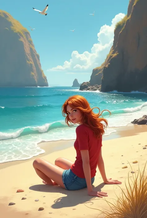 a sea with sand, and a girl with red shirt and jeans short sitting in the sand