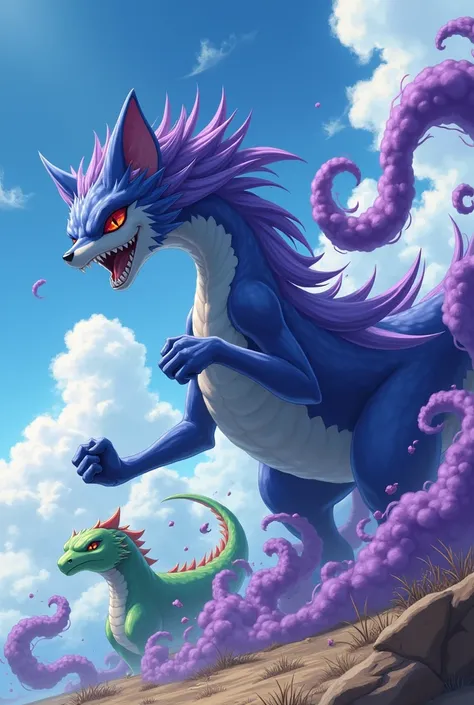  A giant blue fox with red eyes and white and red features, a giant green dragon ,  and a very large humanoid giant made of purple wind with several purple winds surrounding it, Do the 3 fighting in the sky in the anime style ,