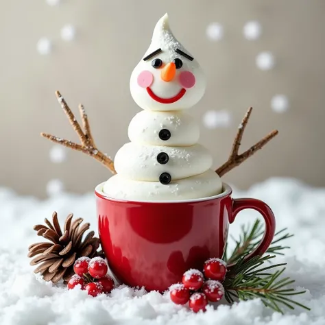 Create a vertical snowman using whipped cream inside a red mug:
- Pipe white whipped cream vertically inside the mug to create a snowman shape
- The snowman should appear to be “standing” inside the mug
- For the face:
- Use black food-safe paper to make s...