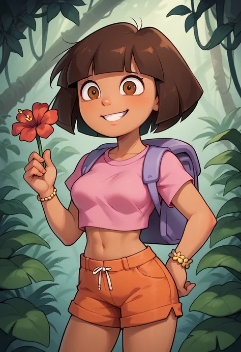  solo, cute, medium breasts, Dora, crazy eyes, worried, smile, holding a flower, red flower, brown eyes, in a jungle outdoors, dark-skinned female, bob cut, (pink shirt), crop top, bare midriff, loose shirt, (orange shorts), bracelet, backpack, (slender at...