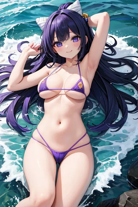 1 girl, best quality, masterpiece, ultra high res, cute, purple microbikini, (navel:1.2), midriff, bare stomach, gigantic breasts, long hair, hair bun, floats on water, on back, smile, closed mouth,sea,