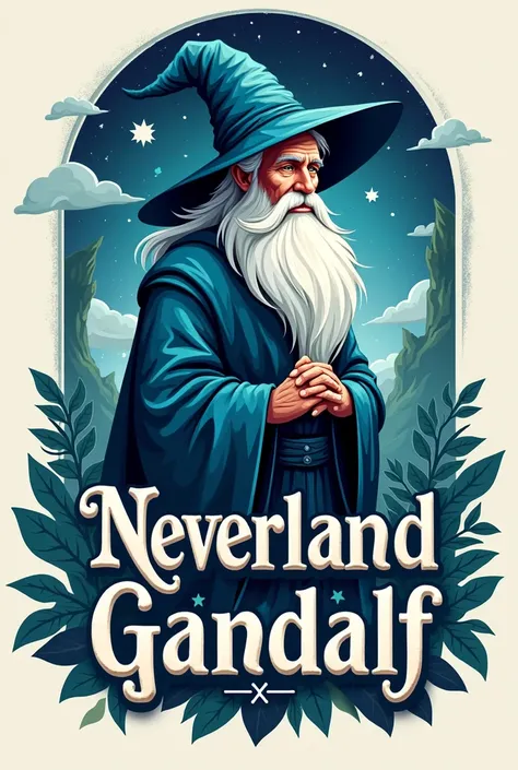 Create a logo with the inscription Neverland Gandalf with a wizard character 