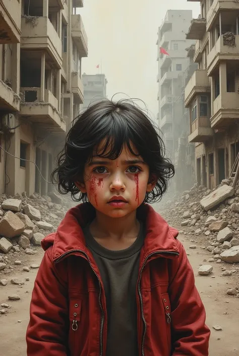 Please draw a handmade painting of palestinian ren suffering and crying inside a destroyed city with blood on their face 