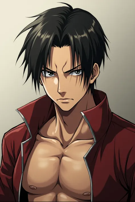 Levi Ackerman from anime Attack on Titan, his expression looks cold, shirtless