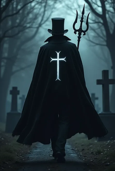 A man in a black cape with a white cross in the middle of the cover walking toward the Cemetery at night with a three-pointed trident and a black top hat