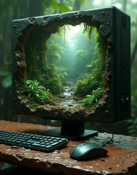 a computer /(keyboard, mouse, monitor, case)/ with the Amazon forest inside, /[UHD, masterpiece, very detailed, sharp focus, ((skin marks, moles, smooth skin, real pores, moles on skin, stretch marks, natural skin:1.8)), textured skin, high details, high q...