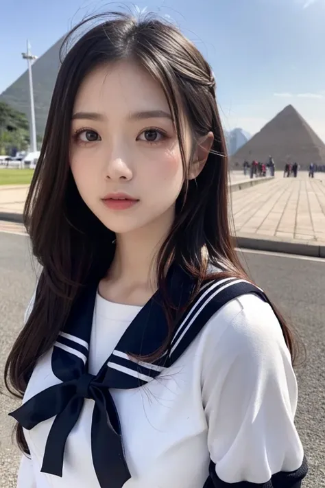  Japanese Women Like Idols  , long hair , straight hair, Round face , bust up ,  sailor suit  ,  as pictured  ,  ( RAW photo,  top quality ), ( realistic ,  Photorealistic :1.3),  1 girl、 realistic body、 pyramid shaped UFO from outer space、Laser light、 loo...