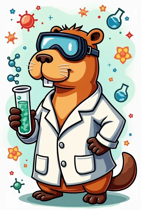 playful illustration of a capybara designed as a chemistry mascot. The capybara is wearing a lab coat and safety goggles while holding a bubbling test tube filled with colorful liquid. The background includes floating elements from the periodic table, mole...