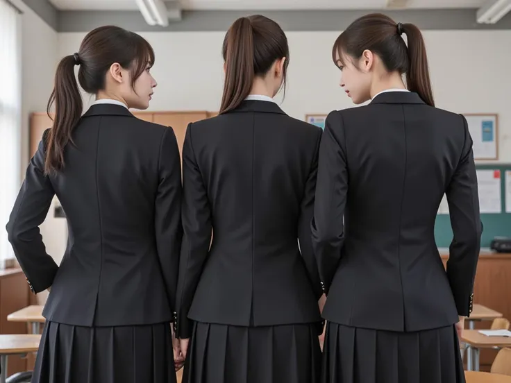 A group of 3 high school girls in blazer uniforms are facing their faces and butts in the classroom。The clothes are well-dressed。