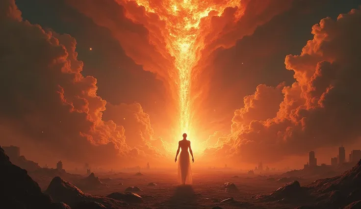 "The final moments of a dying world, where the sky is torn apart by colossal, fiery cracks that stretch across the heavens, glowing like veins of destruction. Towering waves of molten lava surge over shattered cities, consuming everything in their path, wh...