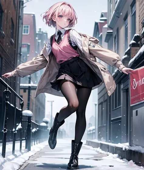 highest quality, highest masterpiece, highest resolution, 8k, gorgeous girl, toned face, pale skin, white down jacket, high school uniform, black short, pink vests, black pantyhose, gorgeous legs, black short boots, snow scene, whole body, street photograp...