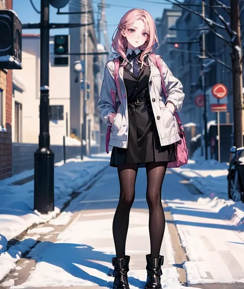 highest quality, highest masterpiece, highest resolution, 8k, gorgeous girl, toned face, pale skin, white down jacket, high school uniform, black short, pink vests, black pantyhose, gorgeous legs, black short boots, snow scene, whole body, street photograp...