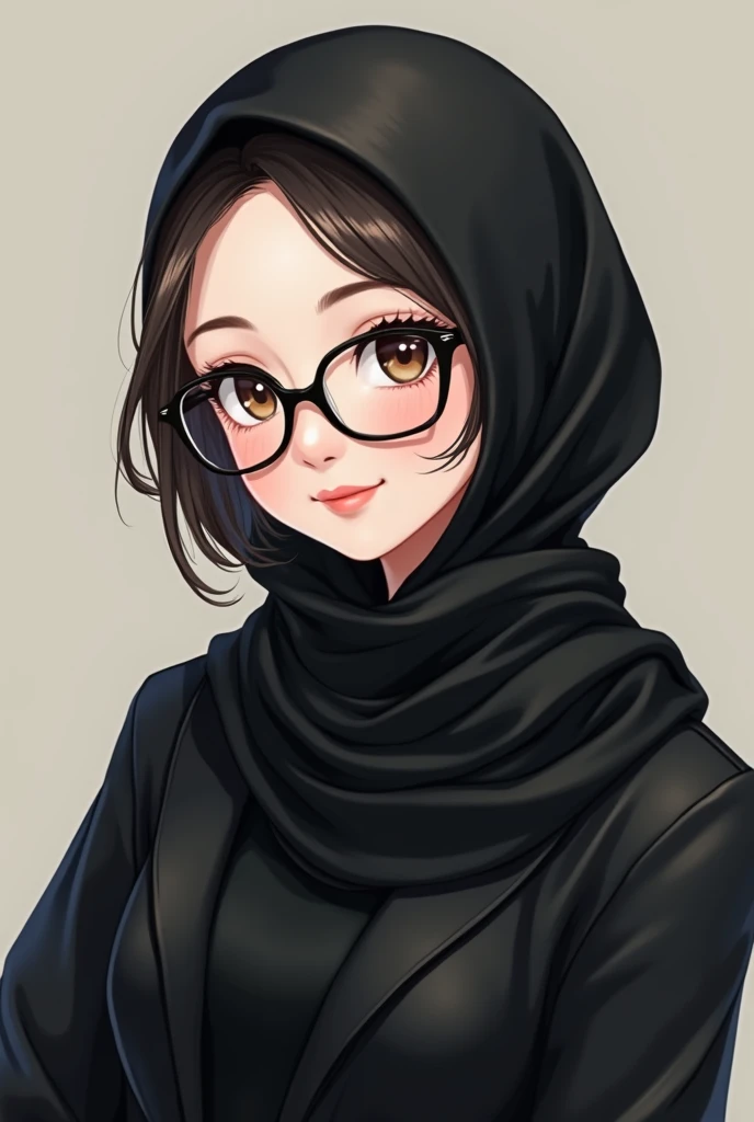 hijab anime girl, wearing glasses, black color outfit