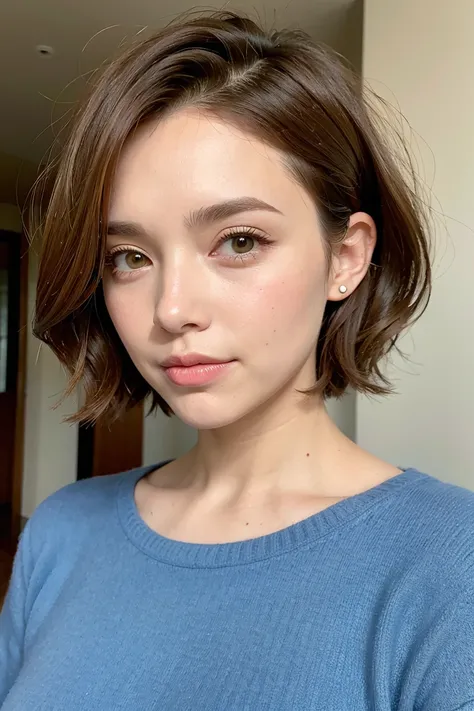 short bob hair, wavy hair, forehead, light brown hair, face up, resort